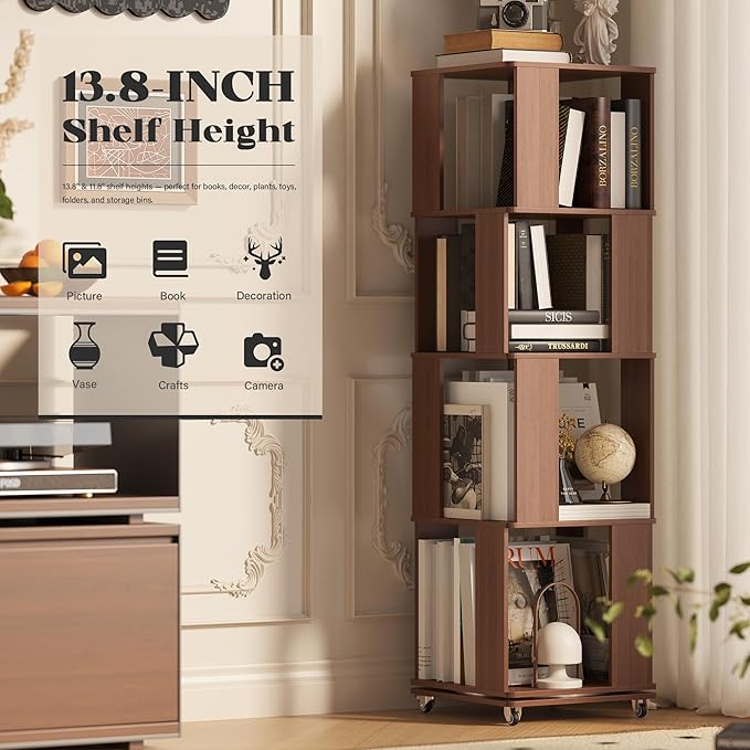 4 Tier Solid Wood Rotating Bookshelf Tower on Wheels, 360° Upgrade Spinning Book Shelf, Revolving Bookcase Organizer, Swivel Bookshelves for Small Spaces, Corner, Bedroom, Kids Room, Office (Walnut)