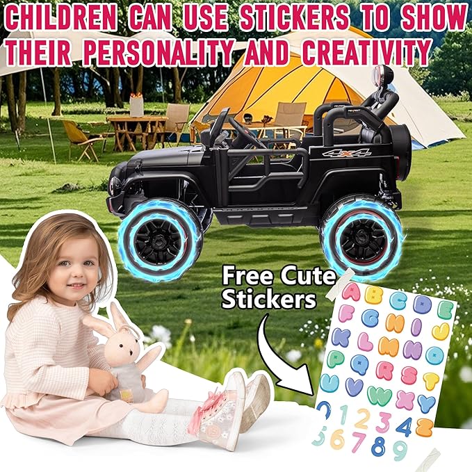 24V XL Kids Electric Ride on Truck Car 2 Seater Remote Control for Toddlers 2-8, 160W 2 Motors 5MPH Max Speed, Bluetooth USB Music Player, LED Lights Safety Belt, Gift for Boys Girls, Black