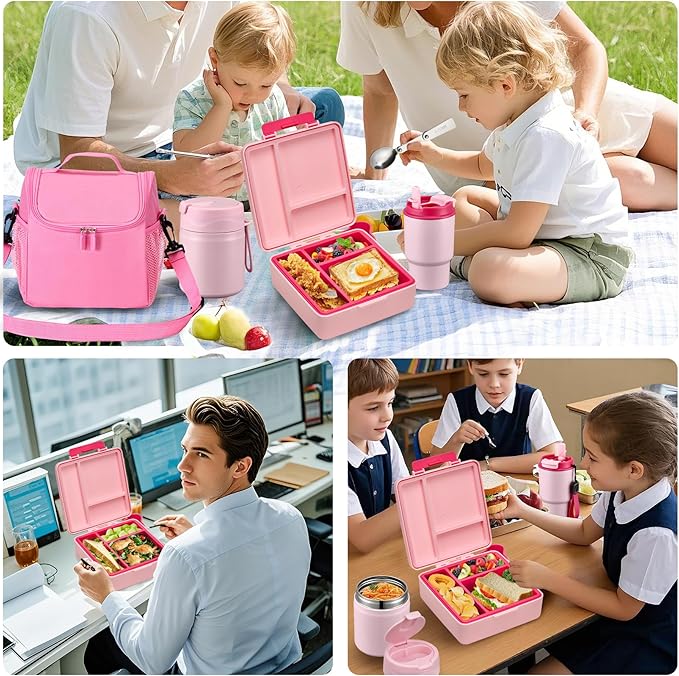 Bento Lunch Box for Kids with 17oz Soup Thermo,Insulated Tumbler Water Bottle and Insulated Lunch Bag,Leak-Proof 3 Compartment Lunch Food Container with Ice Pack for Kids to School-Pink