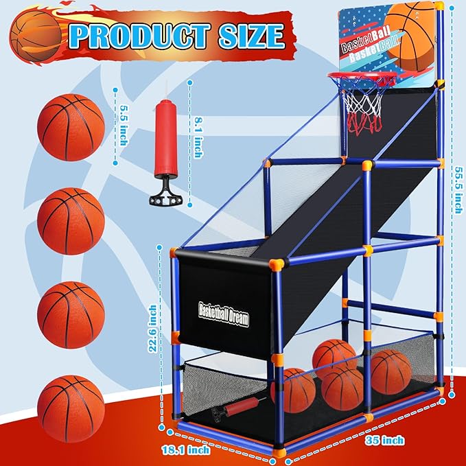 Arcade Basketball Game Set for Kids, Boy Toys Basketball Hoop with 4-5 Balls for 3-12 Years Old, Adjustable Height w/Pump & Storage Net for Kids Indoor Outdoor Sports Play, Christmas Birthday Gifts