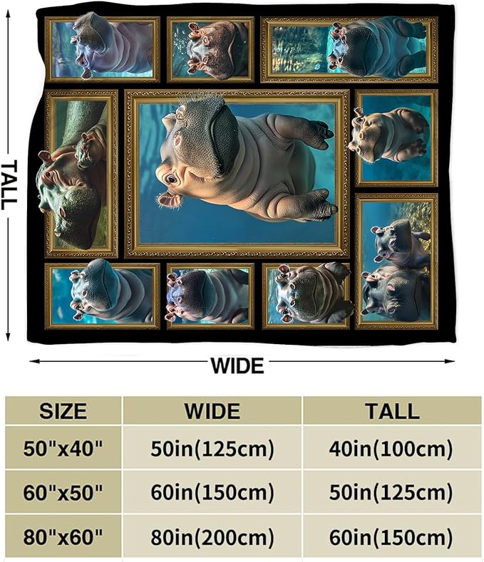 Hippo Throw Blanket - Ultra Soft Cozy Cute Fleece Fuzzy Plush Hippo Lovers Decor Gifts for Women Girls Adults - Couch Sofa 50"x40"