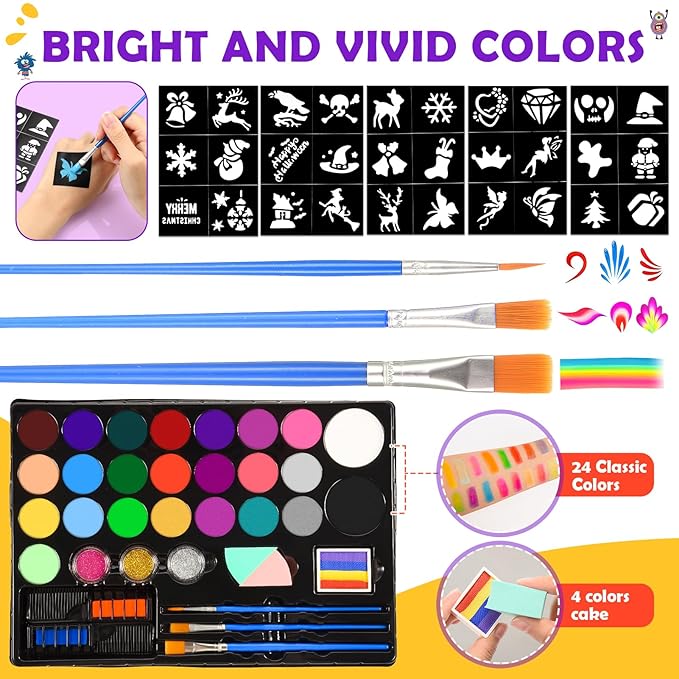 Face Painting Kit for Kids, 24 Colors Water Based Non-Toxic Face Paint with Stencils & Brushes, Professional Body Makeup Set with Guide Book, Washable Face & Body Paint for Halloween Birthday Parties