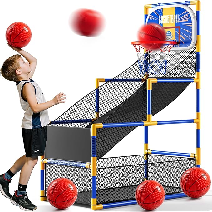 Arcade Basketball Game Indoor, Kids Ajustable Basketball Hoop, Outdoor Carnival Sports Play Toy with 4 Balls and Air Pump, Educational Birthday Gift for Boys Girls 3 4 5 6 7 8 Year Old (Blue)