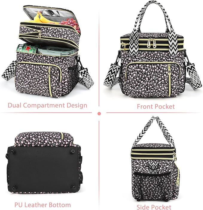 LOKASS Lunch Box for Women-16L-Insulated Lunch Bag Women, Expandable Double-layer Leakproof Cooler Bag with Upgrade Adjustable Shoulder Strap Ideal for Work/Travel/Picnics(Black Flower)