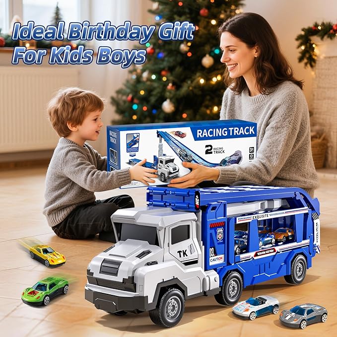 Transport Truck Toys for 3 4 5 6 7 Years Old Boys,Toys Cars Track Set Transporter Trucks with 12 Die-Cast Car Toys 2 Race catapults Dual-Track Model,Toddler Car Toy Set for Kids Boys Girls