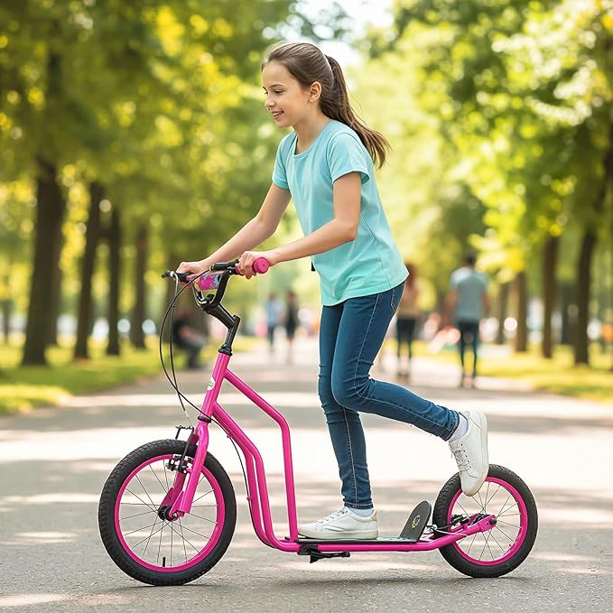 GYMAX Youth Scooter, Height Adjustable Kick Scooters with Extra Large Inflatable 16” Front & 14” Rear Wheels, Dual Hand Brakes & Kickstand, Heavy Duty Scooter for Teens Adults