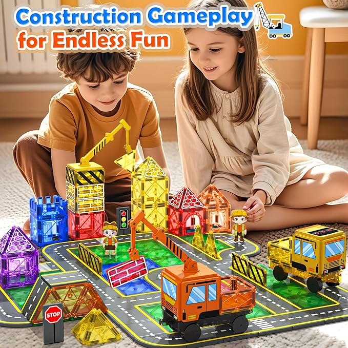 102 PCS Magnetic Tiles with 2 Cars & 2 Cranes Magnet Construction Building Kids Toys for Creative Play and STEM Learning Boys Toys & Gifts for 3-12