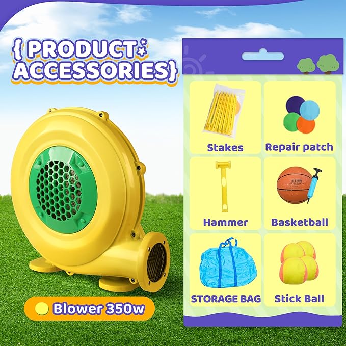 Bounce House Inflatable Bouncer with Blower, Colorful Bouncy Castle with Basketball Hoop and Sticky Ball Game for Kids 3-8