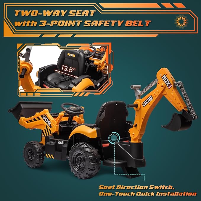24V Excavator Ride on Toy, Licensed JCB 3CX Electric Backhoe Loader Car for Kids, Ride on Digger, Bulldozer & Construction Vehicles w/Remote Control, Bluetooth Music, Moving Parts, Adjustable Seat