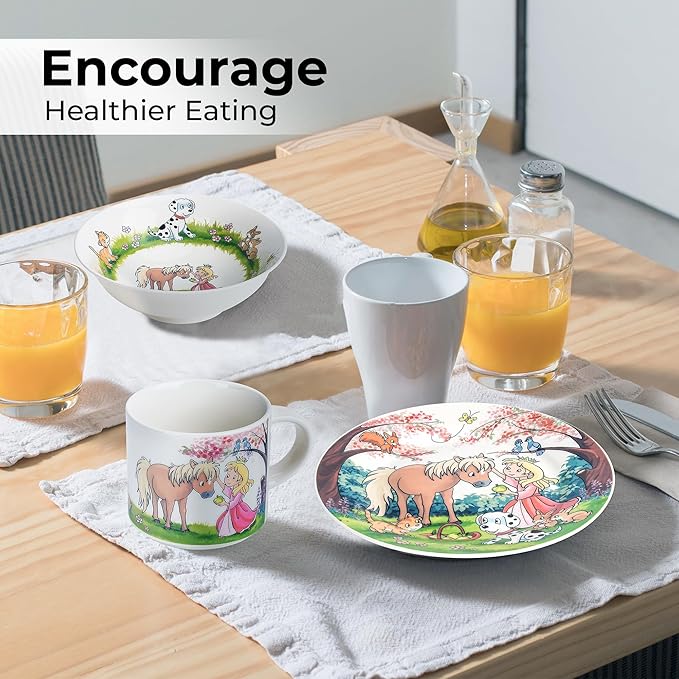 MIAMIO β Set of 3 Kids Dinnerware Set/Porcelain Children Dishes, Kids Dish Set, Childrenβs Tableware Set - Includes Plate, Bowl and Cup β For Kids and Toddler (Princess)