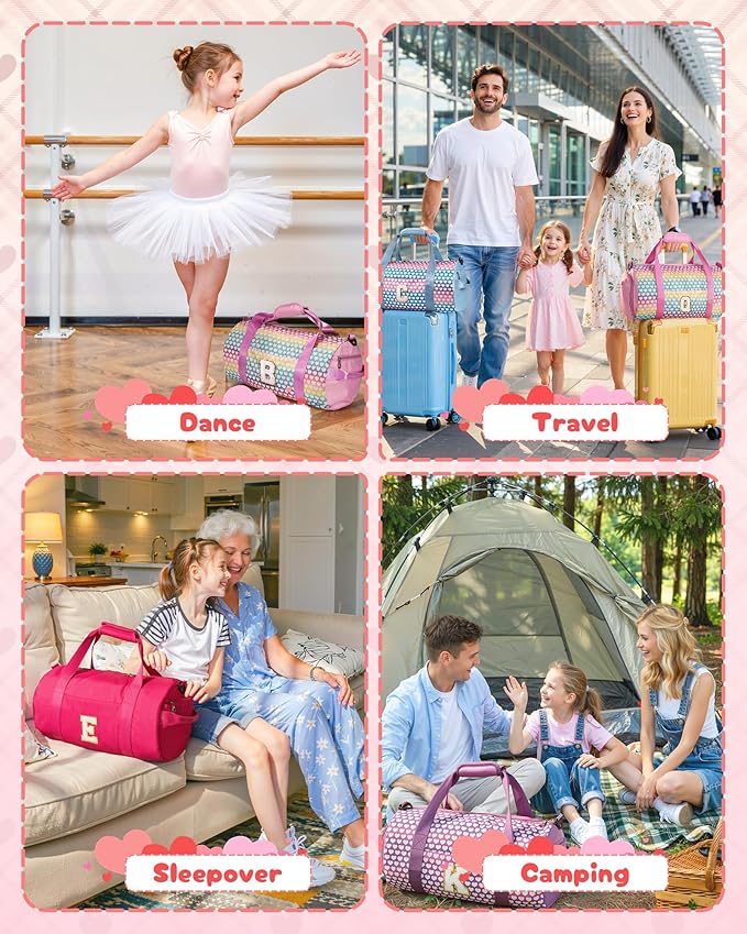 Christmas Gifts for Grandkids, Girls Travel Duffel Bag, Kids Initial Overnight Bags with Shoe Compartment, Initial Duffle Bag with Makeup Pouch, Teenage Girl Trendy Gift (Letter V)