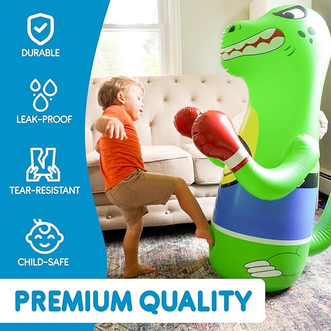 Inflatable Dinosaur Punching Bag for Kids – Bop Bag for Toddlers and Children Ages 3-14 – 47" Blow Up Toy with Bounce-Back Action – Fill Base with Sand or Water