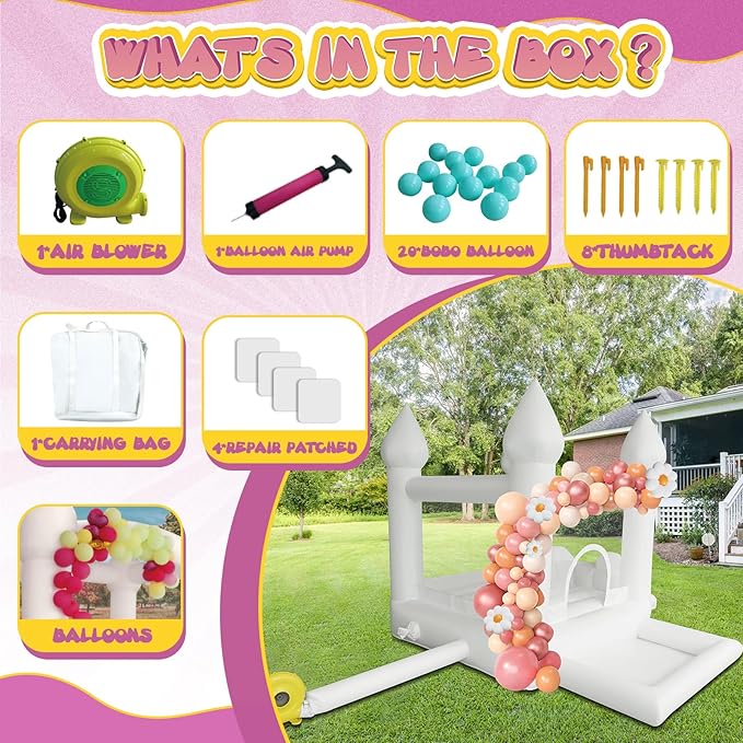 AKSPORT White Bounce House Castle Inflatable Jumping Castle with Slide & Air Blower for Kid, Wedding, Birthday Party Castle, 9 * 9 * 7FT