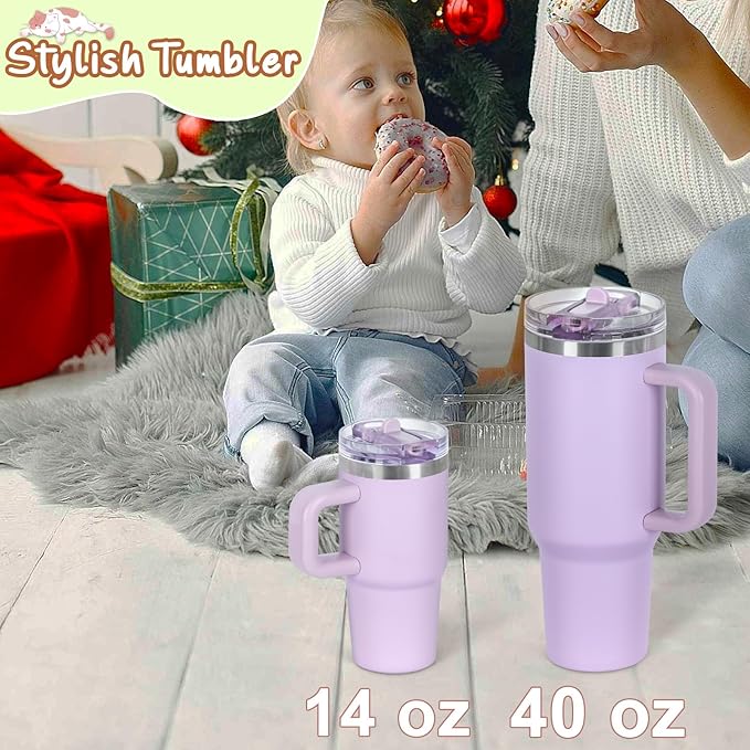 Cosictic 14 Oz Flip Straw Tumbler with Handle for Kids, Stainless Steel Double Wall Insulated Cup for Children with Flip Top Lid, 14 Oz Leak-proof Cups for Kids, Purple