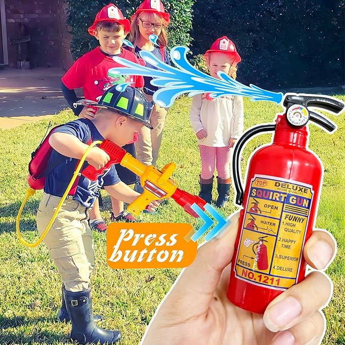 Firefighter Backpack Water Gun Blaster Set for Kids,Fireman Tank with Hose Shooter Toy,Mini Fire Extinguisher Squirter for Halloween Costume,Outdoor Play,Swimming Pool,Beach,Party