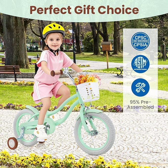 COSTWAY Kids Bike, 12 14 16 18 Inch Toddler Bike Children Bicycle w/Training Wheels, Hand & Coaster Brakes, Adjustable Saddle & Handlebar, Basket, Bell, Kids Bicycle for Girls Boys Aged 3-8 Years Old