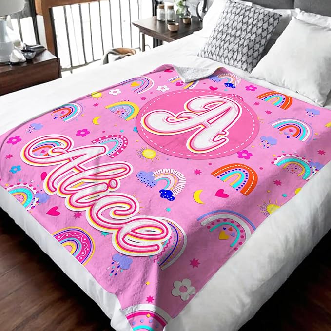 Kids Girls Blankets Gift, Personalized Blanket with Initial Monogram Name for Kids Toddlers Girls Age 6-8, Rainbow Print Soft Cozy Flannel Throw for Sofa Bed Couch Decor