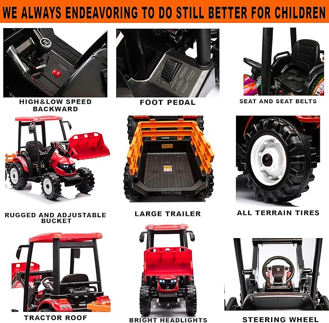 Kidsera 24V Kids Ride on Tractor with Trailer & Front Loader, 3 In1 Tractor 4-Gearbox 24volt Dual Motors Metal Frame, 24V Ride on Toys for Big Kids, Power Wheels Kids Electric Vehicles (Red)