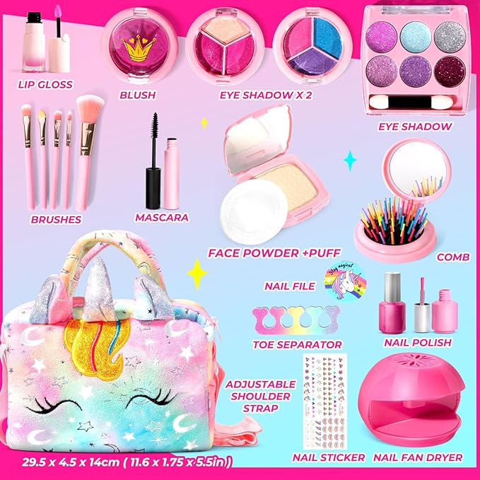 ULOVEME Kids Real Makeup Kit for Little Girls - Real, Non Toxic, Washable Make Up Toy - Umicorn Toys Gift for 3 4 5 6 7 8 9 10 12 Years Old Girls Birthday (Rainbow Umicorn)