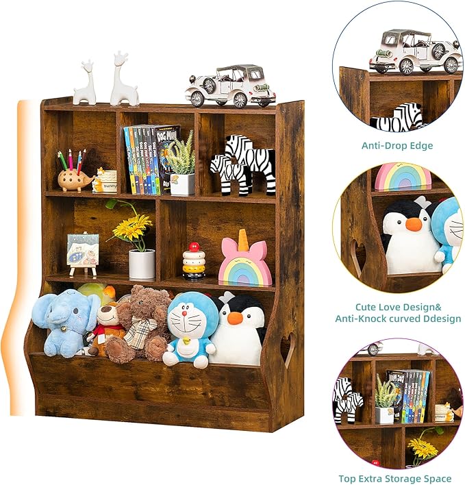 Lerliuo Kids Toy Storage Organizer, 3 Tier Children Small Bookcase and Bookshelf, Toddler 7 Cubby Toy Storage Cabinet, Toy Shelf for Playroom, Bedroom, Living Room, Nursery, School 29.53'' H (Brown)