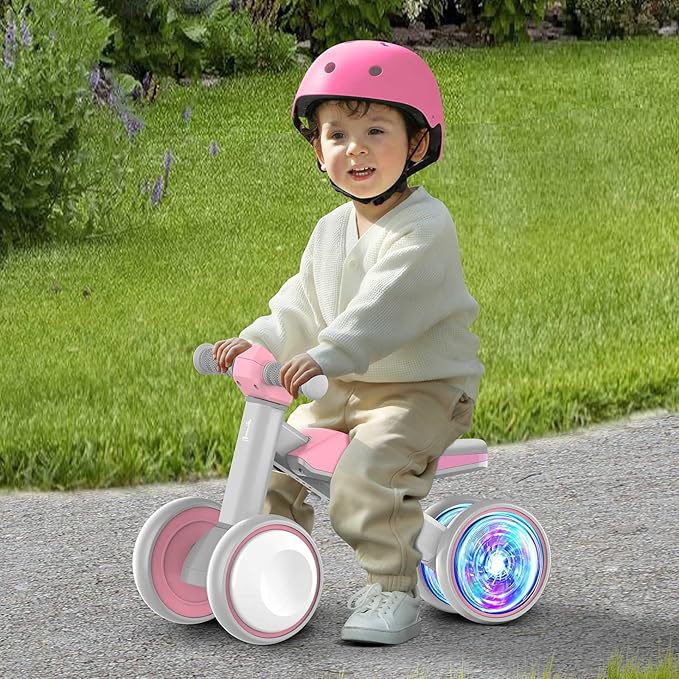 Colorful Lighting Baby Balance Bike Toys for 1 Year Old Girls Gifts, Toddler First Bike 12-24 Months with Adjustable Soft Seat, 4 Silent Wheels Ride on Toy, Perfect First Birthday Gift