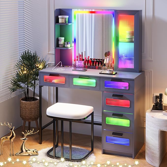 HNEBC Grey LED Vanity, Makeup Vanity with RGB Lights and 6 Drawers for Bedroom, Makeup Desk with USB/Wireless Charging, Dressing Table with Shelves/Cabins/Stool, Vanity Table Set as Gifts for Girls