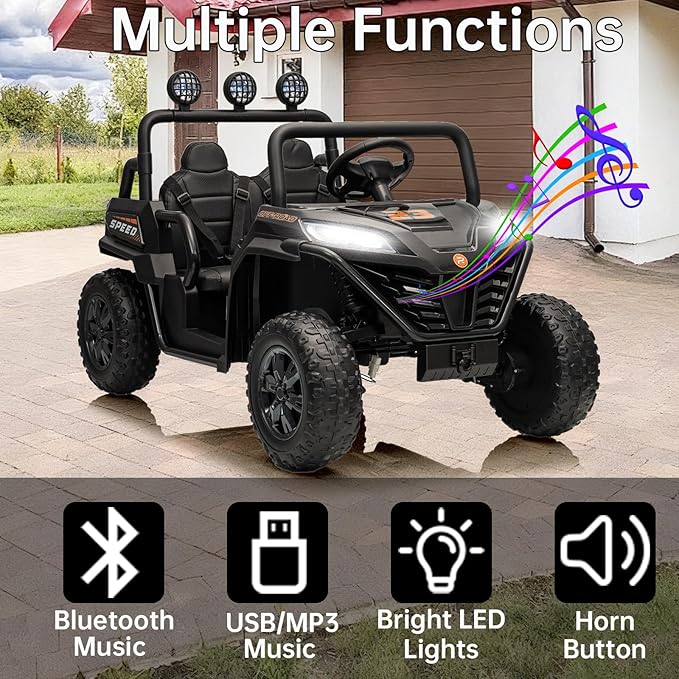 24V Side by Side Ride On Truck, Battery Powered Electric Vehicle with Remote Control, 4x100W Powerful Motor, 2 Seater Kids Car with Bluetooth, Black