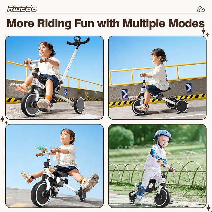 Ridego Toddler Tricycle with Push Handle for 3-5 Years Old Boys and Girls,5 in 1 Foldable Toddler Bike with Adjustable Seat, Kids Tricycle Ride-on Toys for Kids Birthday Gifts