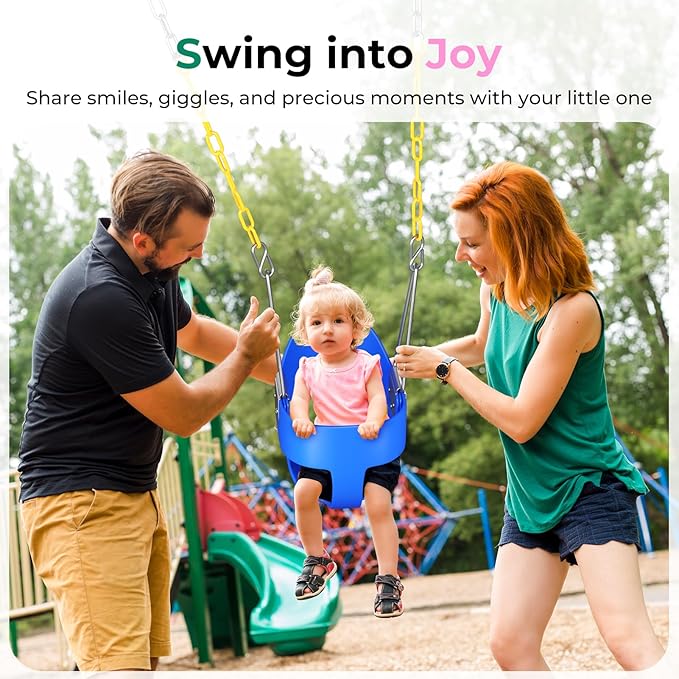 DECORLIFE Toddler Swing Seat, Outdoor Baby Swing with Coated Chains, Heavy Duty High Back Full Bucket Swing Chair with Ant-Loosening Carabiners, Fully Assembled Swingset Accessories for Backyard, Blue
