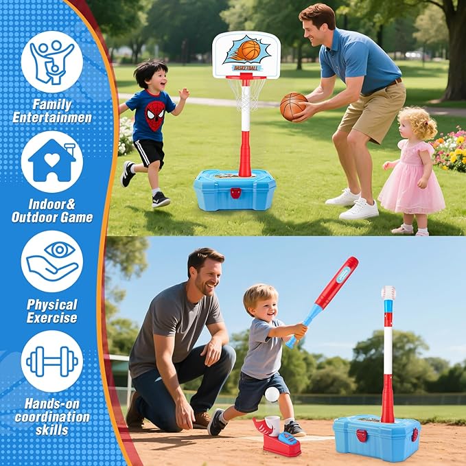 4-in-1 Toddler Basketball Hoop & Tee Ball Set,Adjustable Height Kids Basketball Hoop with Automatic Pitch -Kids Outdoor Sport Birthday Christmas Toys Gifts for Boys Girls