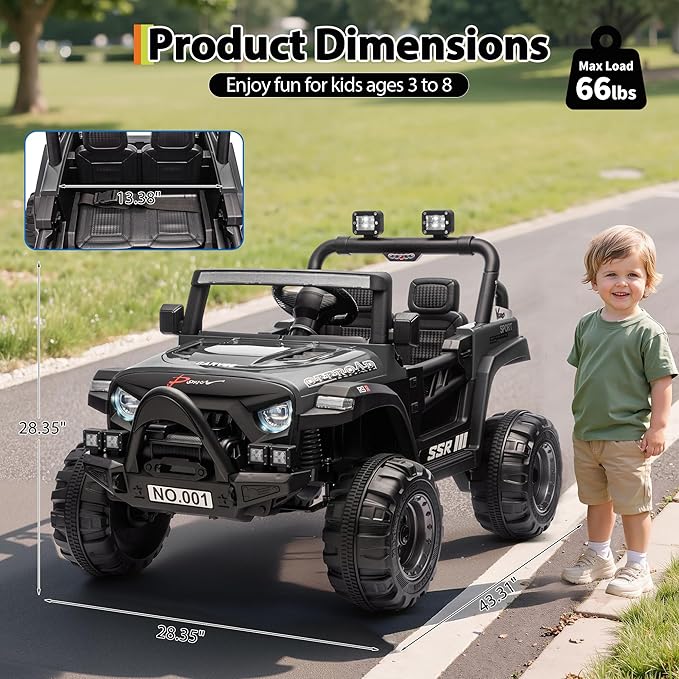 Kids Ride On Truck Car, 12V Ride On Toy Battery Powered Vehicles w/Parent Remote, Spring Suspension, Electric Car for Kids with Bluetooth Music, LED Light, Ideal Car Gift for Boys Girls, Black