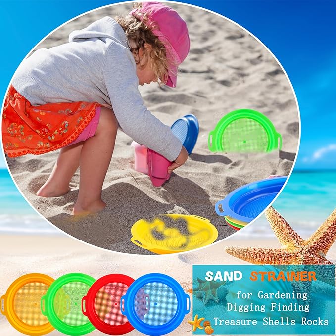 12 Pack Kids Sand Sifter Sieve Plastic Sand Strainer Beach Toys Sand Sifting Pan for Child Boys Girls Beach Finding Treasure Tools Party Supplies, 4 Colors
