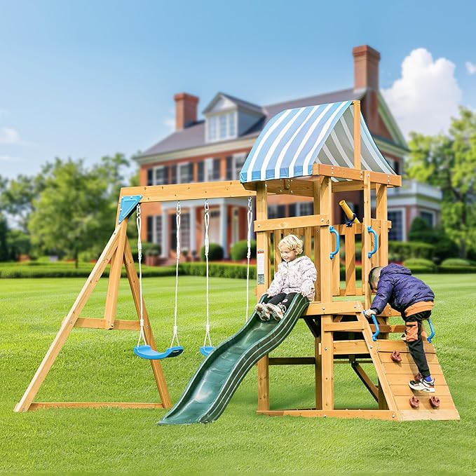 ROBUD Swing Sets for Backyard, Wooden Swing Set, All-in-One Kids Outdoor Play Equipment with Two Swings, Slide, Rock Climbing Wall, Blackboard, Telescope, Fort, Outdoor Playset for Kids & Toddlers