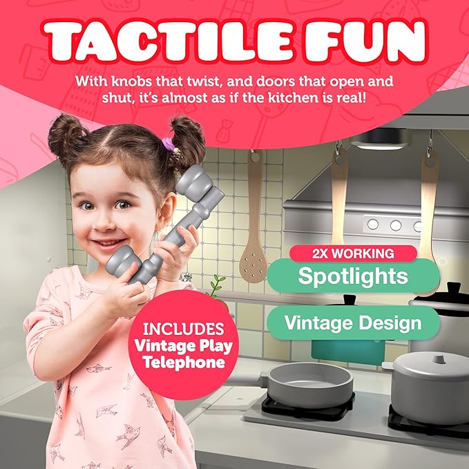 Wooden Play Kitchen for Toddlers & Kids β Pretend Kitchen Set with Sink, Oven, Stove, Microwave, Lights & 9 Accessories β Durable Wooden Kitchen Toy for Ages 3β8 β by Kiddery Toys