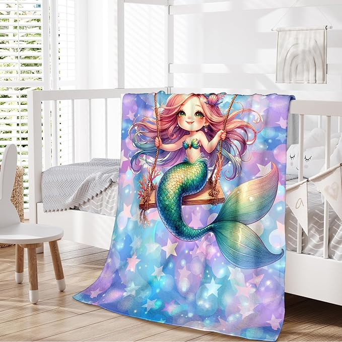Kids Blanket Mermaid Blankets for Girls Teens Gift for Birthday Daughter On Bed Sofa, Cozy 80 x 60 Inches Lightweight Flannel Throws for Travel Bed Living Room Sofa