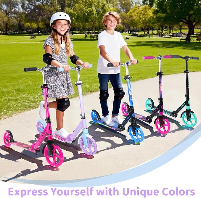 BELEEV V5 Plus Scooters for Kids Ages 6+, Teens with Light-Up Wheels & Deck, 2 Wheel Folding Lightweight Sport Scooter with 4 Adjustable Height, 8-inch Big Wheels, Carry Strap, Max Load 220 lbs