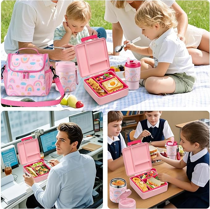 Bento Lunch Box for Kids with 17oz Soup Thermo,Insulated Tumbler Water Bottle and Insulated Lunch Bag,Leak-Proof 3 Compartment Lunch Food Container with Ice Pack for Kids to School-Rainbow