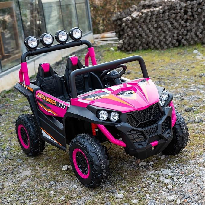 24V 2-Seater Kids Ride-On UTV, 4WD Electric Car with Parent Remote Control, 4x200W Motor, Spring Suspension, LED Headlights & Searchlights, Bluetooth Music, 3-Speed, New Edition, Magenta