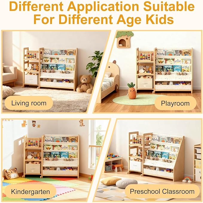 Kids Bookshelf and Toy Storage - 3 Tier Wood Kid Book Shelf for Kids Room, Toddler Bookshelf Book Organizer with Sling Pocket, Baby Bookcase for Nursery, Kindergarten, Playroom - Cream Terrazzo