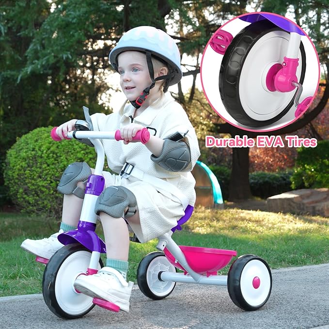 Liberry 2 in 1 Toddler Tricycle Age 2 3 4 Years Old, Kids Trike with Adjustable Push Rod, Bell & Basket, 3 Wheel Bike Riding Toy Birthday Gift for Girls Boys, Rose Purple