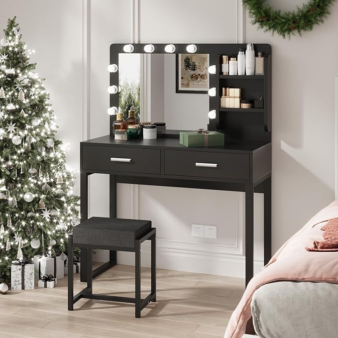 Makeup Vanity Desk with Lights,Black Vanity with Lighted Mirror,Vanity Desk with 2 Storage Drawers,Vanity Set with Bench