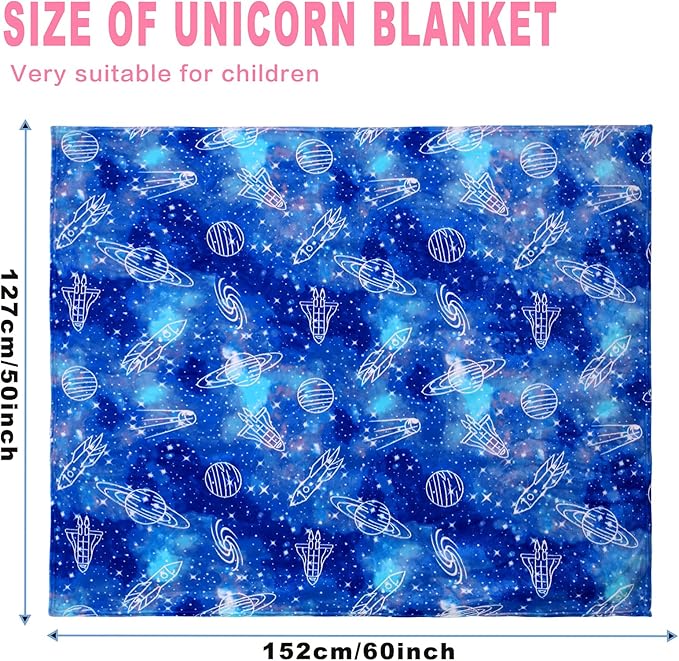 Wesan Glow in The Dark Galaxy Blanket Space Gifts for Kids Boys Girls Outer Space Planets Spaceships Astronomy Starry Sky Throw Birthday for 1-13 Year Teenage Teens Blue 50"x60"