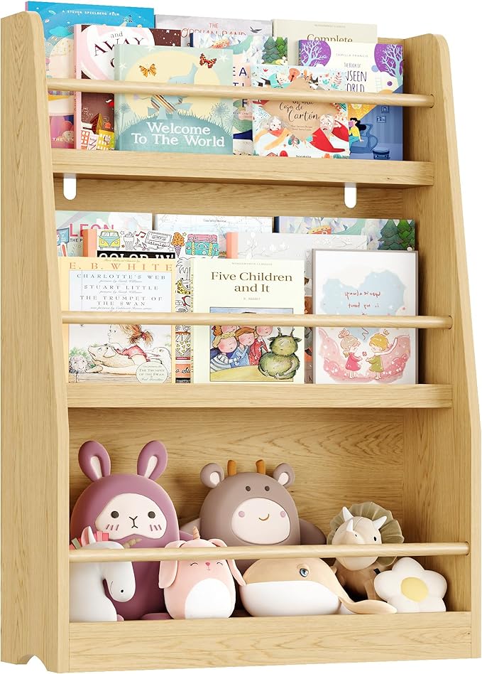Kids Bookshelf, 3-Tier Montessori Book Shelf Organizer for Books and Toys, Toddler Bookshelf for Bedroom, Living Room, Playroom, Classroom, Nursery - Natural