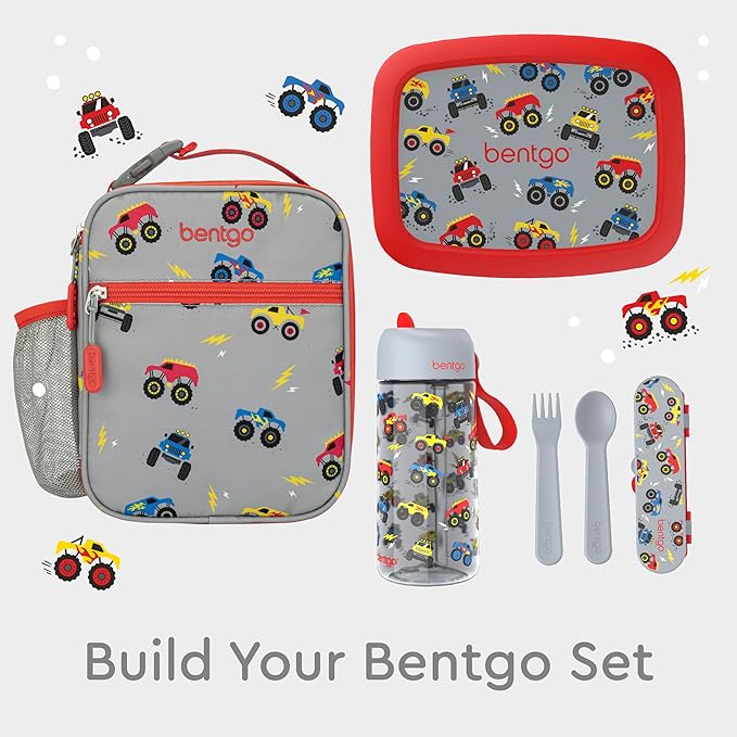Bentgo Kids Insulated Lunch Tote - Water-Resistant, Reusable, Lightweight & Durable Lunch Bag with Water Bottle Holder & Exterior Pocket, Fits Lunch Box & Water Bottle - Ideal for Ages 3+ (Trucks)