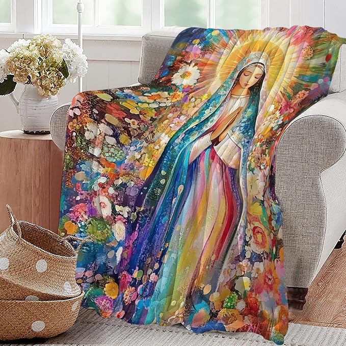 Virgin Mary Blanket Catholic Christian Throw Blankets Religious Gifts for Women Men Faith Prayer Soft Cozy Fleece Plush for Couch Sofa Bed 50"x40"