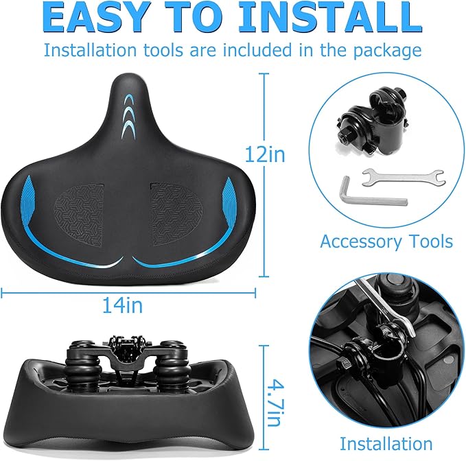 Oversized Bike Seat for Men & Women Comfort, Extra Wide Bicycle Seat Cushion, Comfortable Wing Padded, Large Replacement Saddle for Peloton, Stationary Exercise Bike, Ebike, Cruiser, City Bike