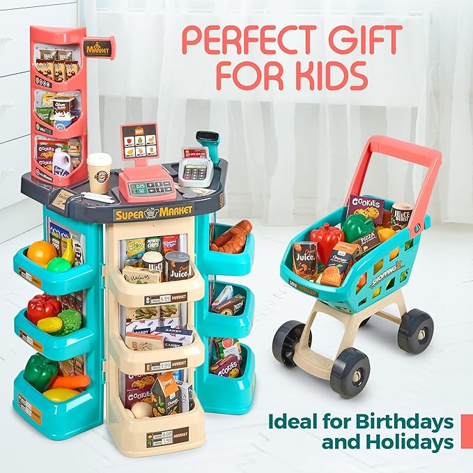 MEDca Kids Play Supermarket Set with Scanner - Pretend Play Grocery Shop Set - 47 Piece Complete Playset with Cash Register Credit Card Machine Scanner Shop Trolley and Food Gift for Boys and Girls