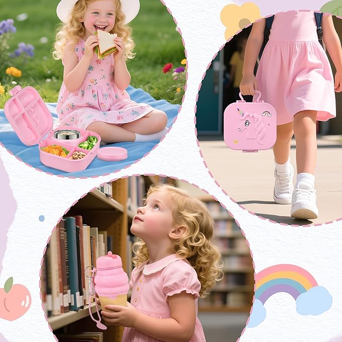 Kids Bento Lunch Box with 12oz Soup Thermo, Kids Leakproof Lunch Food Containers with 4 Compartment,Insulated Hot Food Jar with Lunch Bag for School, Travel (Pink+Pink Jar)