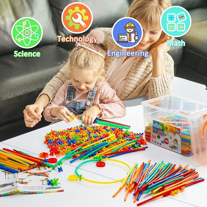 Ggiibro Straw Constructor Toys 1200Pcs STEM Building Toys Aged for 3 4 5 6 7 8+ Interlocking Plastic Toys Preschool Engineering Thin Tube Blocks Toy Educational Toy Kit for Classroom Kids Toys Set