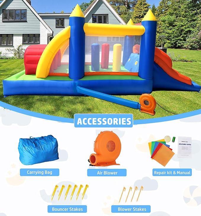 HuaKastro 16.3x7.2FT Kids Inflatable Obstacle Bounce House with Dual Racing Slides, Crawl Tunnels, Climbing, Obstacles, Jumping All in One Castle Great for Children's Outdoor Party - with Blower
